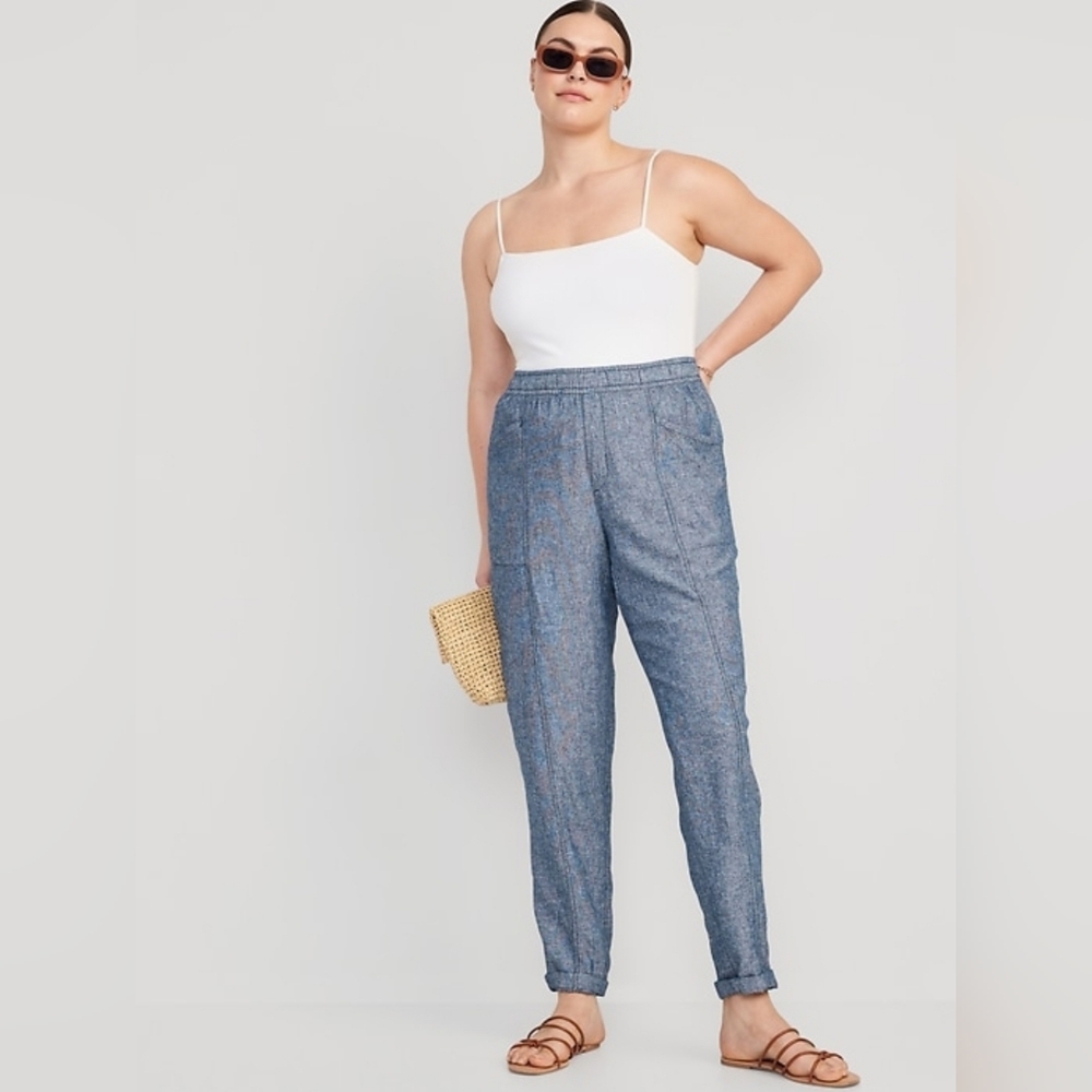 High-Waisted Chambray Cropped Linen-Blend Tapered Small Blue Pants-Women OldNavy - Picture 8 of 13